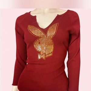 Red Long Sleeve Ribbed Top with Gold Bunny Sequin Motif